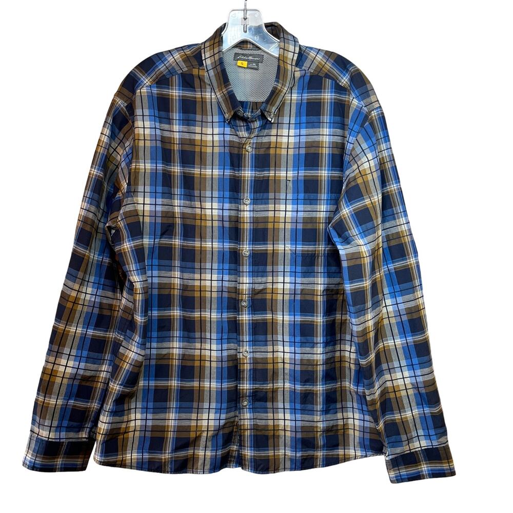 Eddie Bauer Travex Button Front Shirt Men's XL On The Go Blue Brown Plaid L/S
